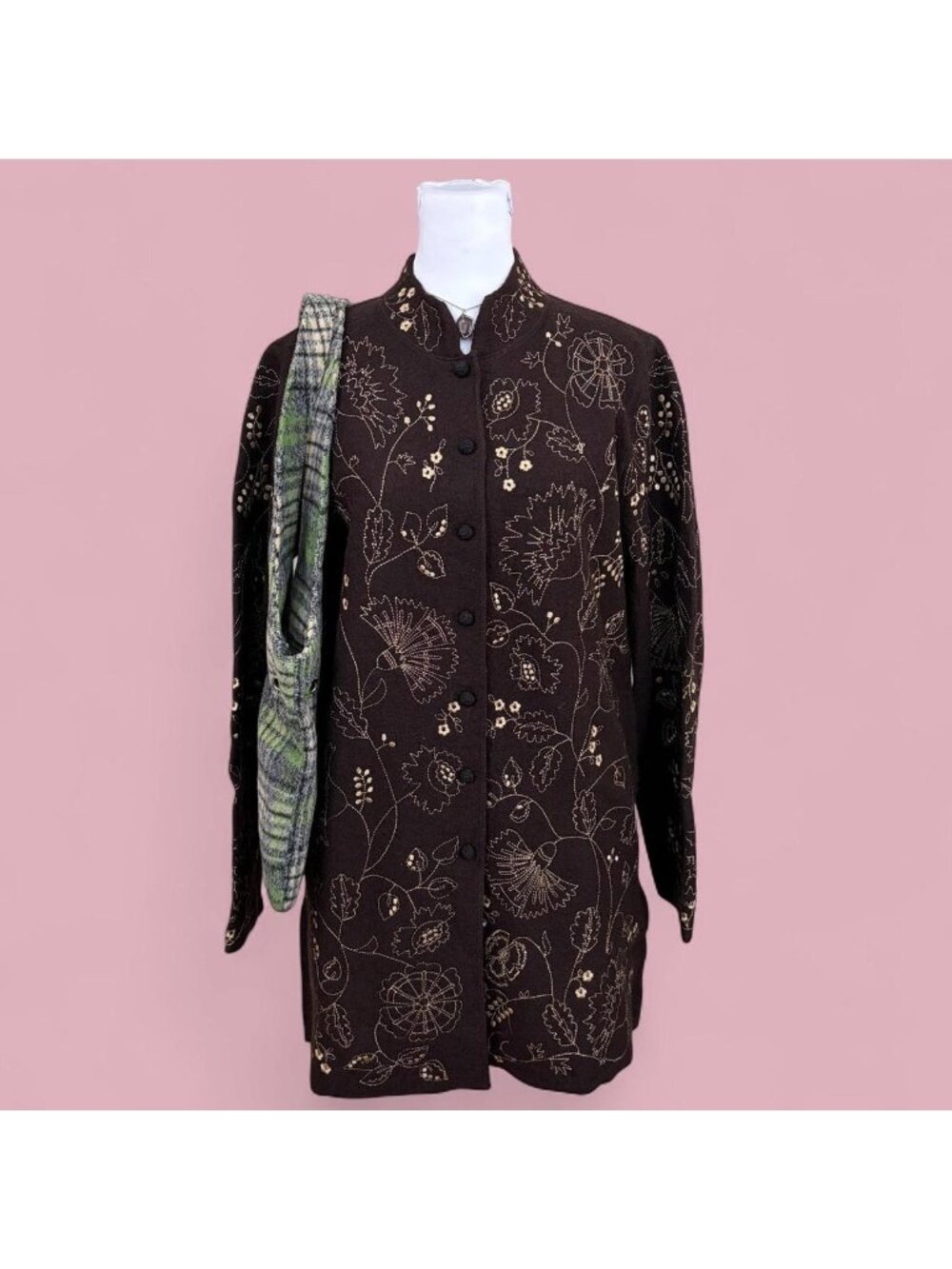 90s brown floral embroidered boho lightweight wool jacket